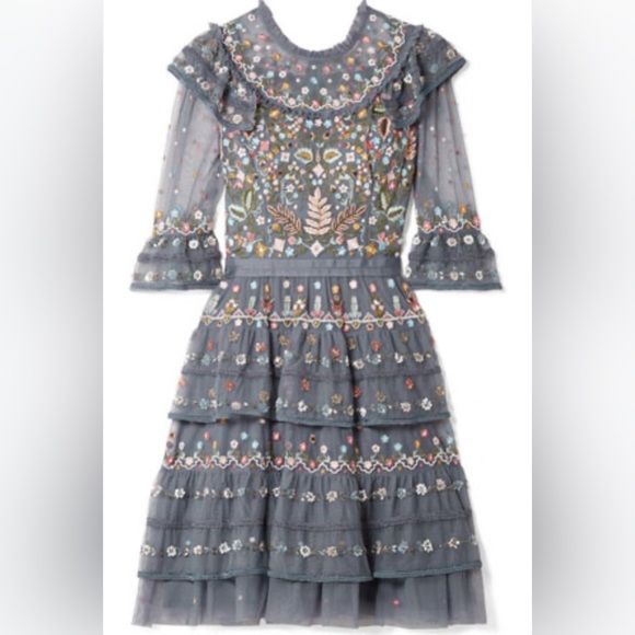 Needle & Thread Blue Paradise Floral Embroidered Tulle Mini Dress Size 2